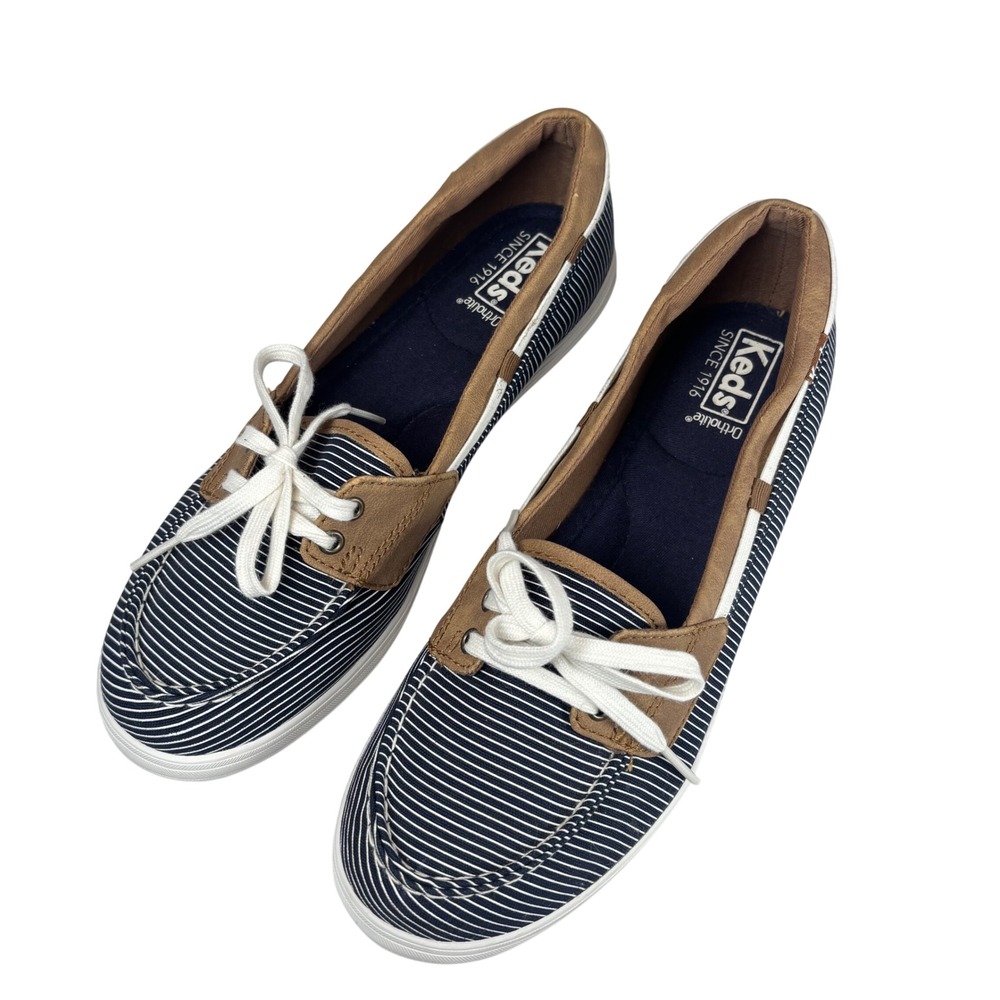Keds Coastal Nautical Boat Shoes Blue White Striped Canvas Preppy Comfort Sz 8 - Picture 2 of 11